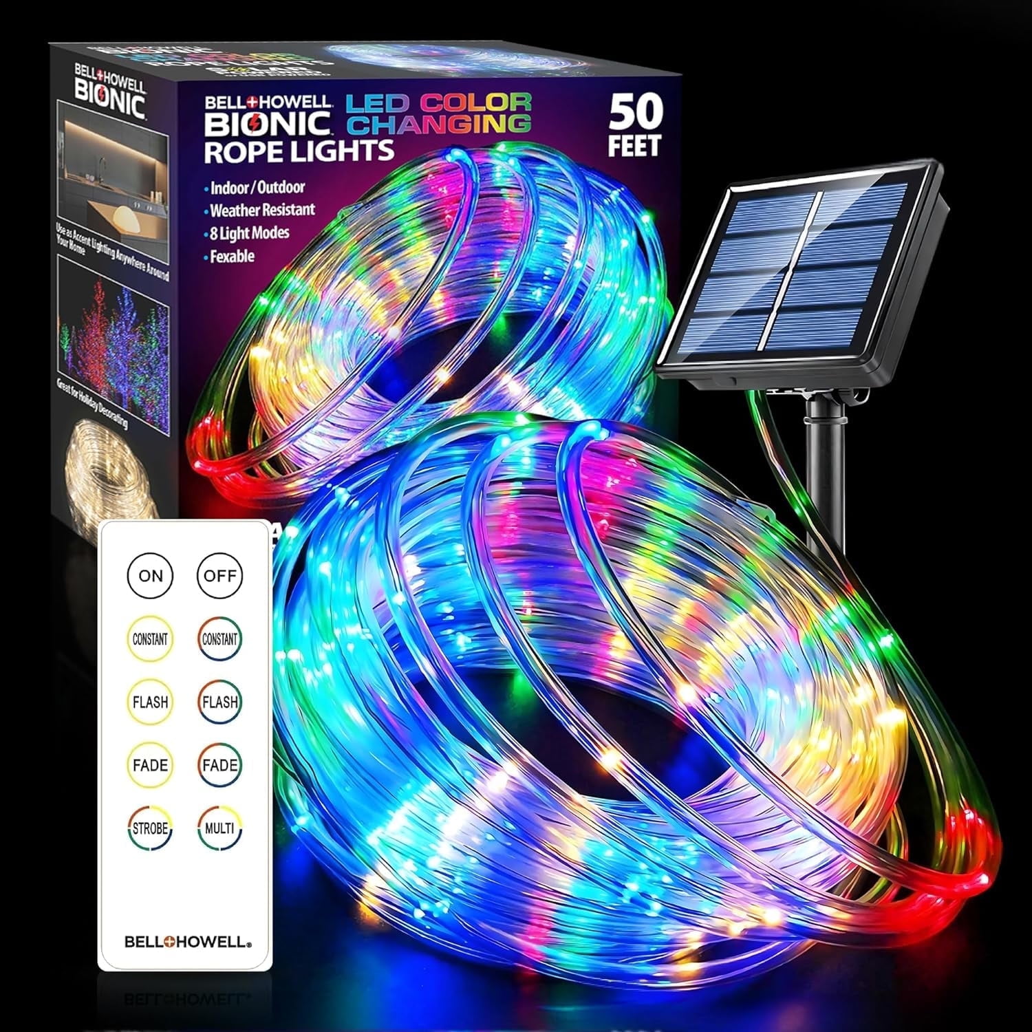 Bell + Howell LED Solar Rope Lights Outdoor Waterproof, Holiday Christmas Lights, 50 Ft Indoor/Outdoor Rope Lights for Outside, USB/Solar Powered, Remote Included w/ 8 Color Changing Light Modes