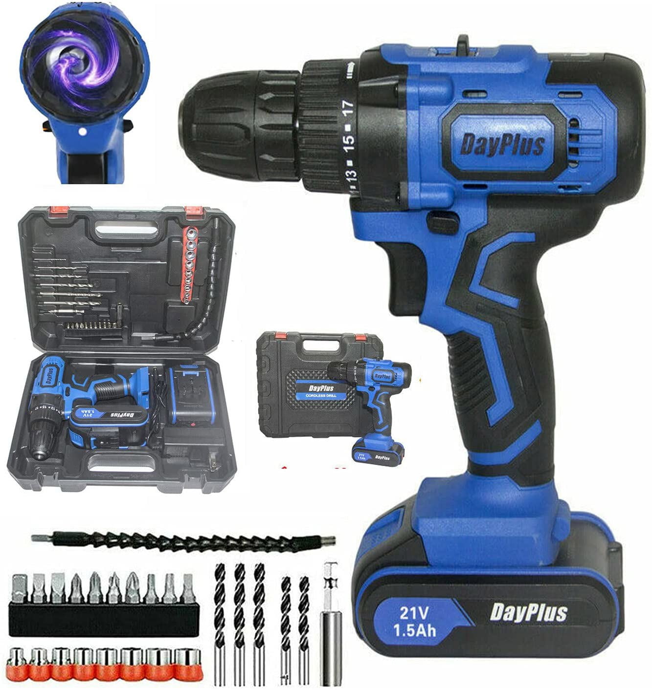 Heavy Duty 21V Cordless Drill 1500mAh Fast Charger 18+1 Torque Screwdeiver 29PC 