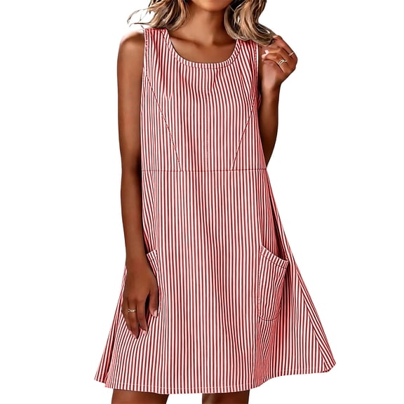 CBASIHI Womens Sleeveless Gingham Dresses with Pockets- Crew Neck Loose Fit Summer Beach Vacation Casual A Line Sundresses Red Size S-3XL