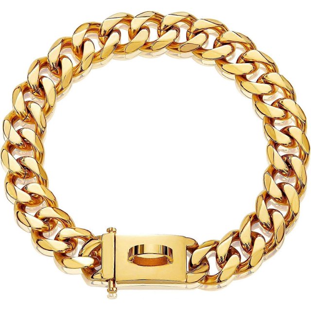 Gold Dog Chain Collar Metal Chain Collar with Design Secure Buckle, 18K Miami Cuban Link Chain 15MM Strong Heavy Duty Chew Proof Walking Collar 20inch