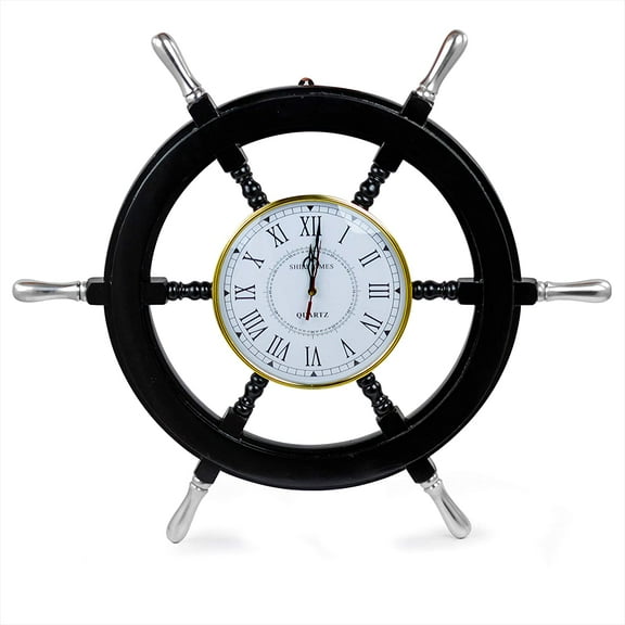 30" Black Ship Wheel with Roman Numeral Brass Polished White Dial | Wall Hanging Decor Clock for Living Room | Black & Bold Beautiful Hanging Pirate's Nautical Rudder Clock