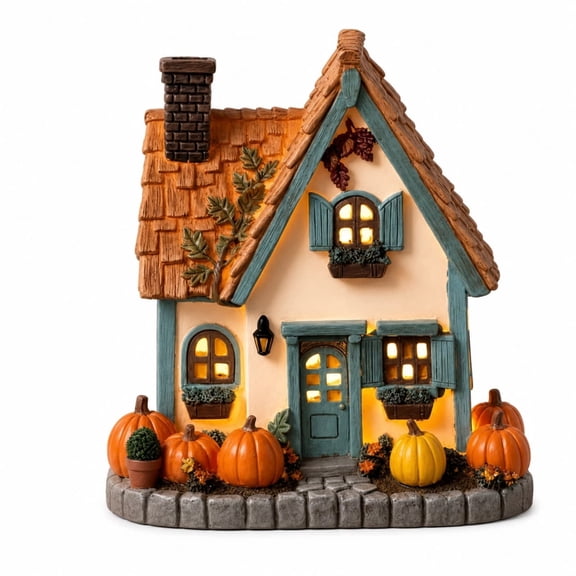 Resin Pumpkin Cottage Light Up House Set, 7.5" LED Fall Harvest Decor, Soft Glow For Anxiety Relief, Promotes Relaxation And Sleep, Thanksgiving Centerpiece