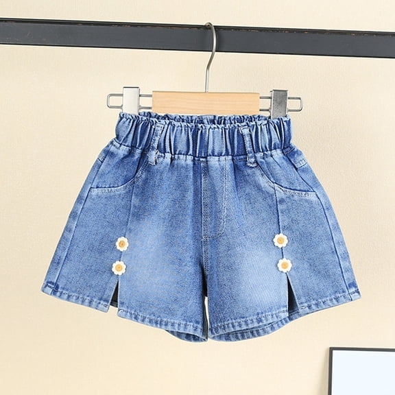 Sentuca Girls Denim Shorts Size 6-7 Years, Baggy Wide Leg Elastic High Waisted Summer Denim Shorts with Pockets