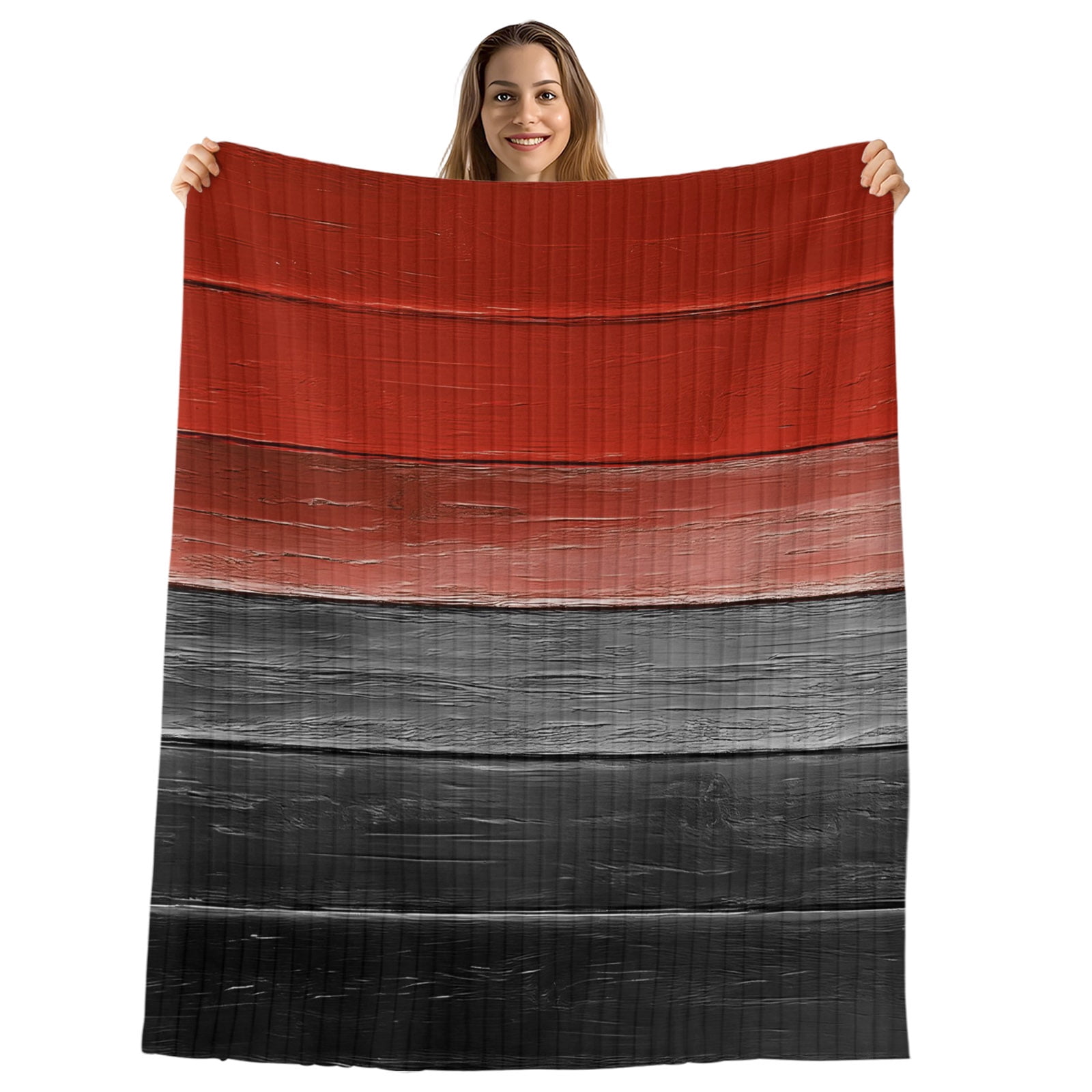 Red Gray Black Throw Blanket, Flannel Fleece Blanket with Striped Design for Couch, Vintage Country Gradient Wooden Grain Soft Breathable All Season Plush Blankets for Sofa Office Travel 40"x50"