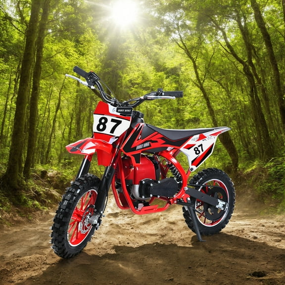 Pimsoran 49cc Kids Dirt Bike, 4-Stroke Gas Powered Mini Motorcycle for Children, 10" Off-Road Tires, Front & Rear Disc Brakes, Shock Absorbers, Max Speed 22 MPH - Red