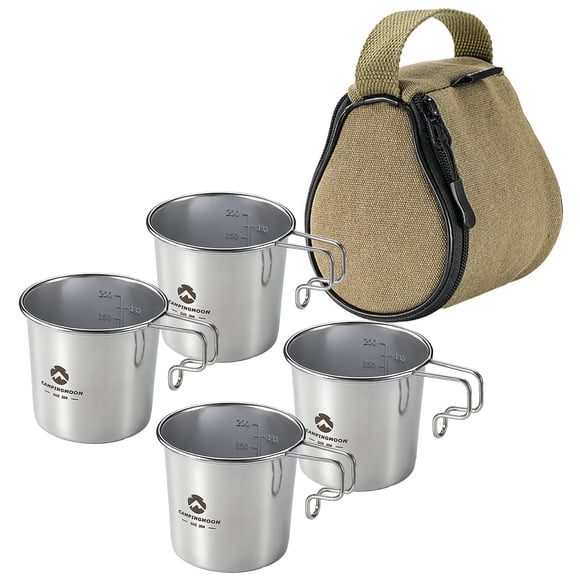 Four Outdoor Stainless Steel 210ml Sierra Cups with a Storage Bag Picnic Tableware Portable Barbecue Hiking Camping Cup Picnic Cookware