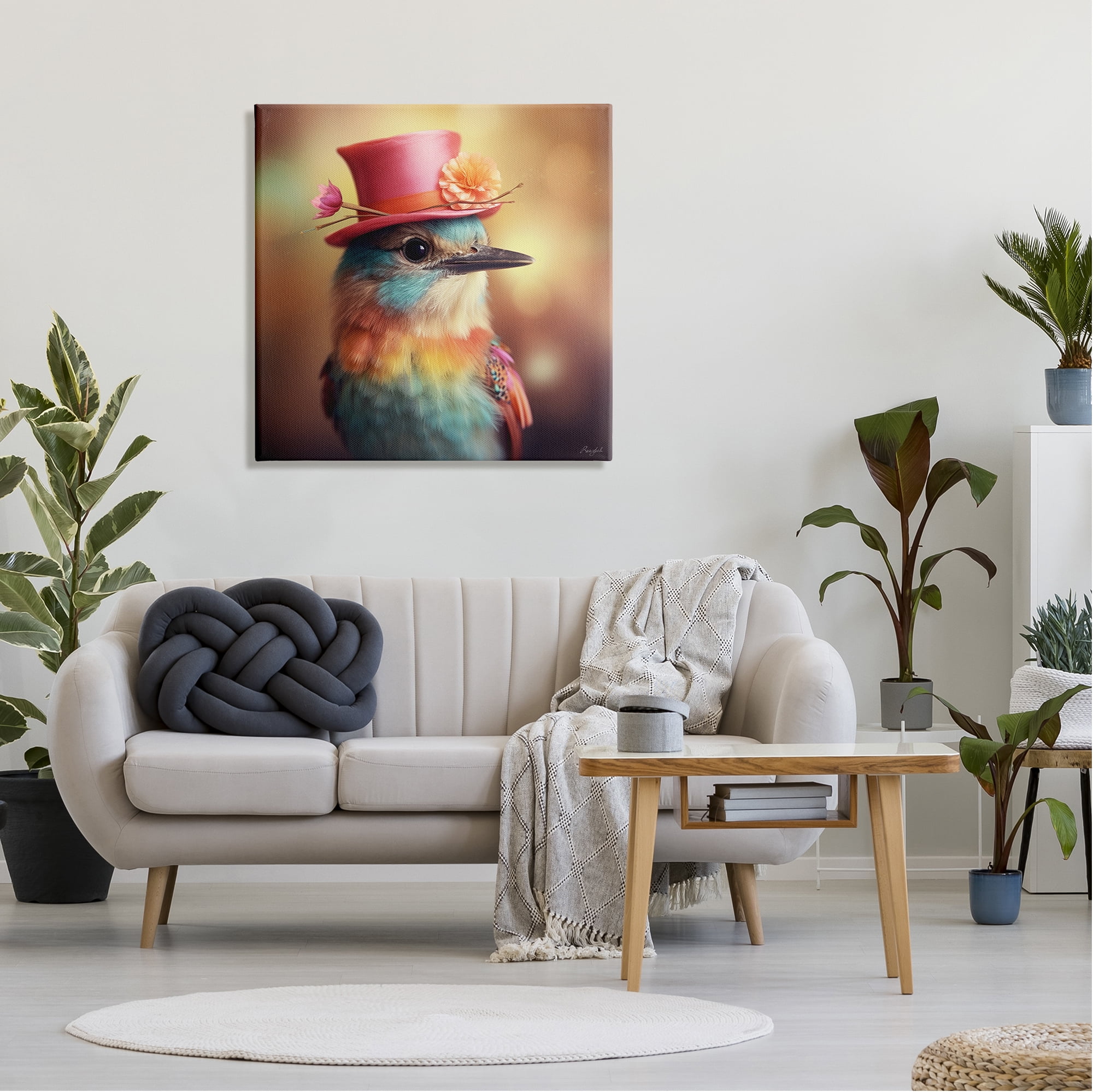 Stupell Industries Pastel Bird in Hat Animals & Insects Painting Gallery Wrapped Canvas Art Print Wall Art, 30 x 30