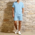 thumbnail image 2 of FRSASU Men's Two Piece Cotton Outfit Polo Style Shirt and Drawstring Shorts Set Casual Lightweight Summer Vacation Beachwear Set Sky Blue, 2 of 8