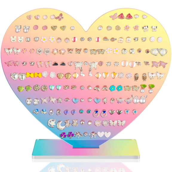 NiHome Heart-Shaped Acrylic Earring Holder Stand for Studs & Dangles, Romantic Jewelry Organizer for All Ages, Vanity Dresser or Boutique Decorative Display Holds 85 Pairs with 171 Holes (Iridescent)