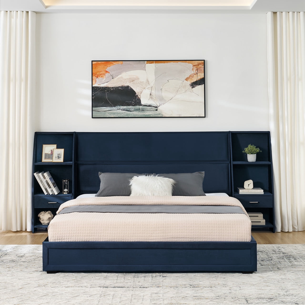 Queen/King Size Modern Upholstered Platform Bed Frame, Velvet Storage Bed with Headboard, Side Bookcases & Drawers Nightstand