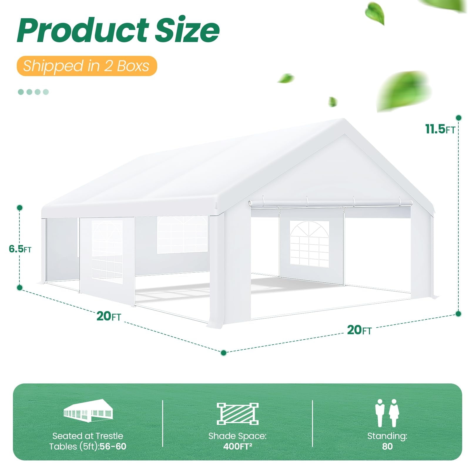 COBIZI 20x20ft Party Tent Heavy Duty, Wedding Tent, Event Tents for Parties, Carpas para Fiestas with Removable Sidewalls, Large Tent with Built-in Sandbag, UV50+, Big Tent for Party, Carport, White