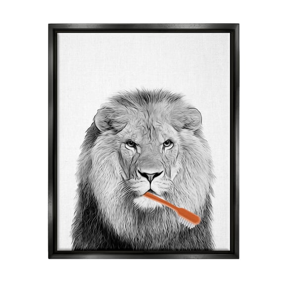 Stupell Industries Lion Brushing Teeth Bathroom Animals & Insects Painting Black Floater Framed Art Print Wall Art