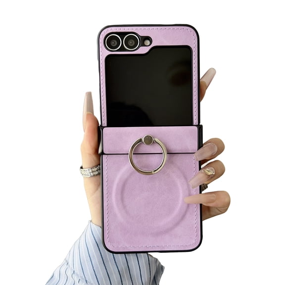 Allytechgroup Magnetic Case for Samsung Galaxy Z Flip 3 with Grip Ring Holder, Compatible with Magsafe Premium PU Leather Shockproof Anti-Scratch Bumper Slim Fit Kickstand Phone Cover Case, Purple