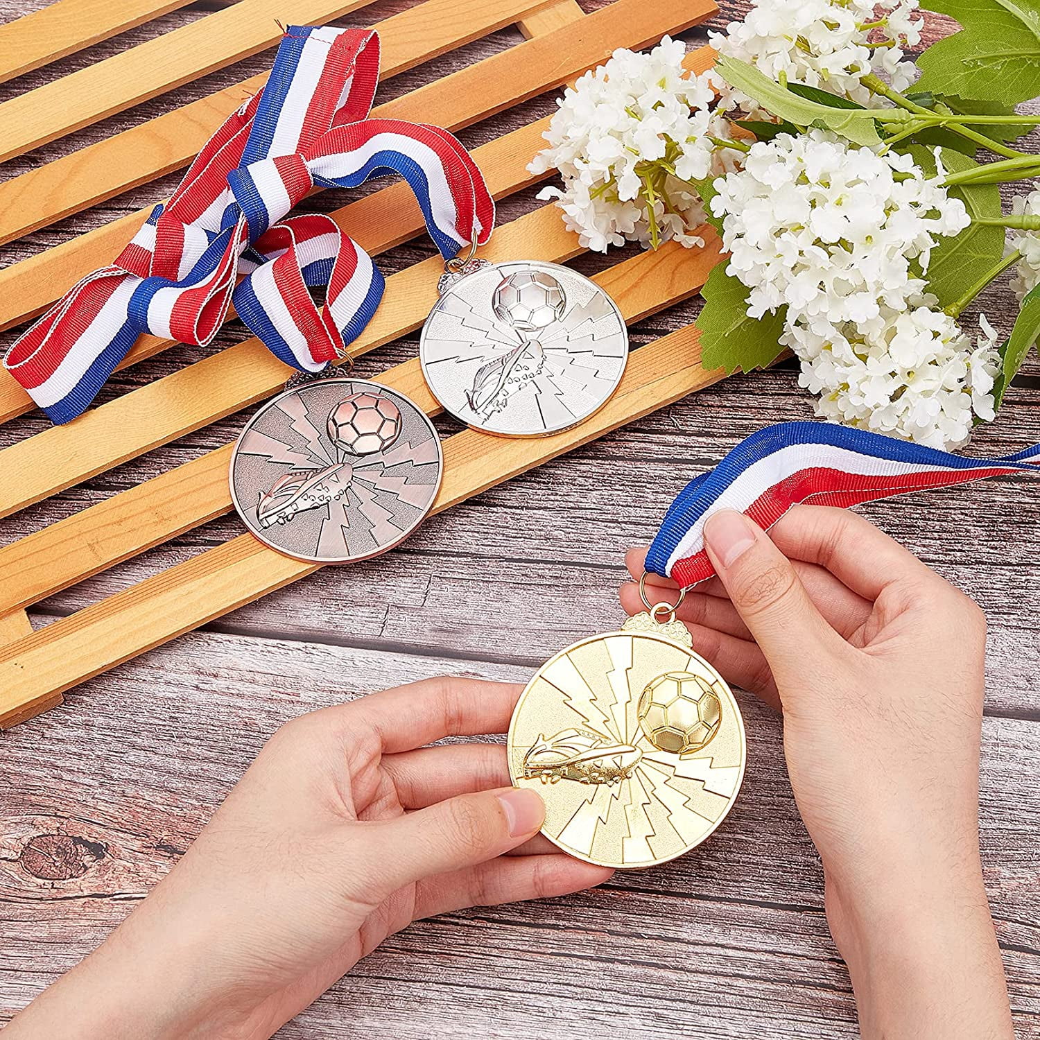 9 Packs 2.5 Inch Sport Game Medals Winner Award Sports Medals Genuine Award Medals Gold Silver and Bronze Medals Soccer Sports Medals with Nick Ribbon