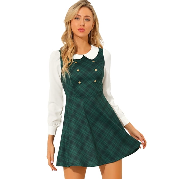 Vestido A Cuadros Con Botones De Color En Contraste Y Cuello De Muñeca Para Mujer Verde L