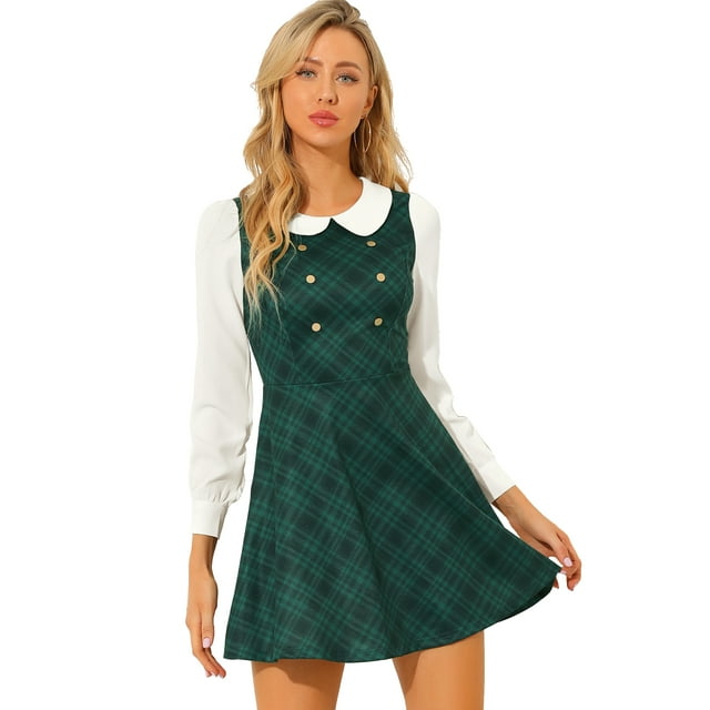 INSPIRE CHIC Robe Trapèze Courte à Carreaux pour Femme à Col Peter Pan à Manches Longues