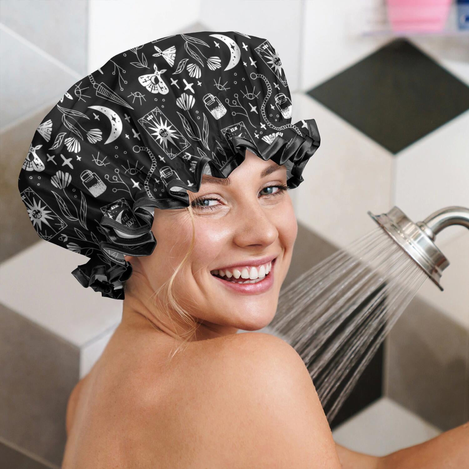 Shower Caps,Black Gothic Moon Card Moth Pattern Waterproof Shower Cap for Women 4 Pieces,Double Reusable Hair Cover for Shower PEVA Elastic Stretch Hem