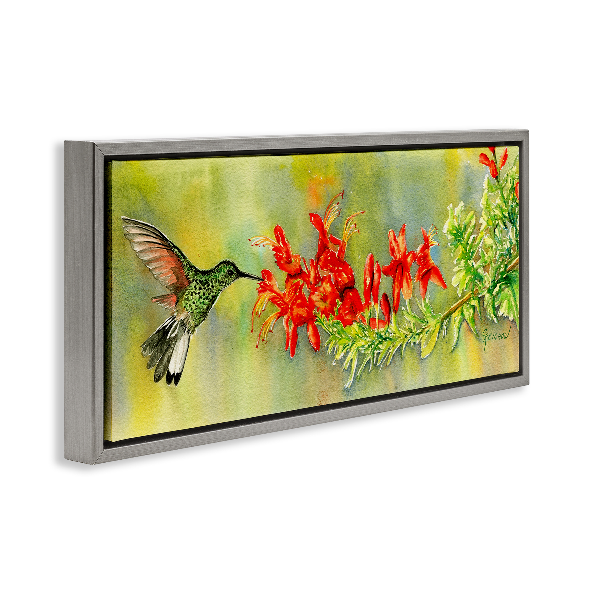 Stupell Industries Quick Sip Hummingbird Animals & Insects Painting Gray Floater Framed Canvas Art Print Wall Art, 31 x 14