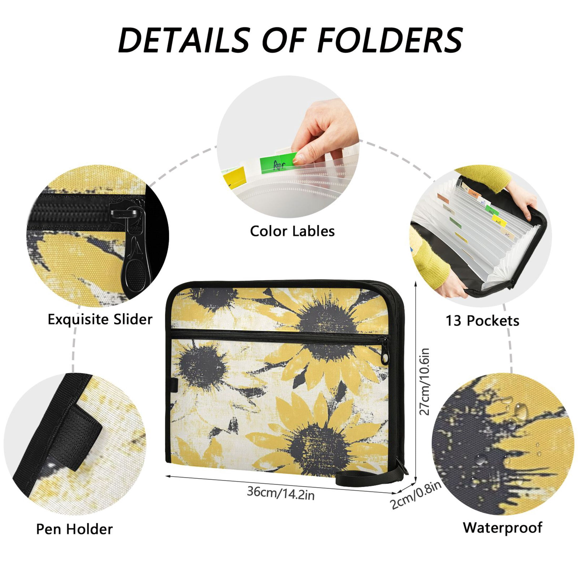 Accordion File Organizer with Zip Closure 13 Pockets Expanding File Folder Letter A4 Paper Document Organizer for Home Office Yellow and White Sunflower
