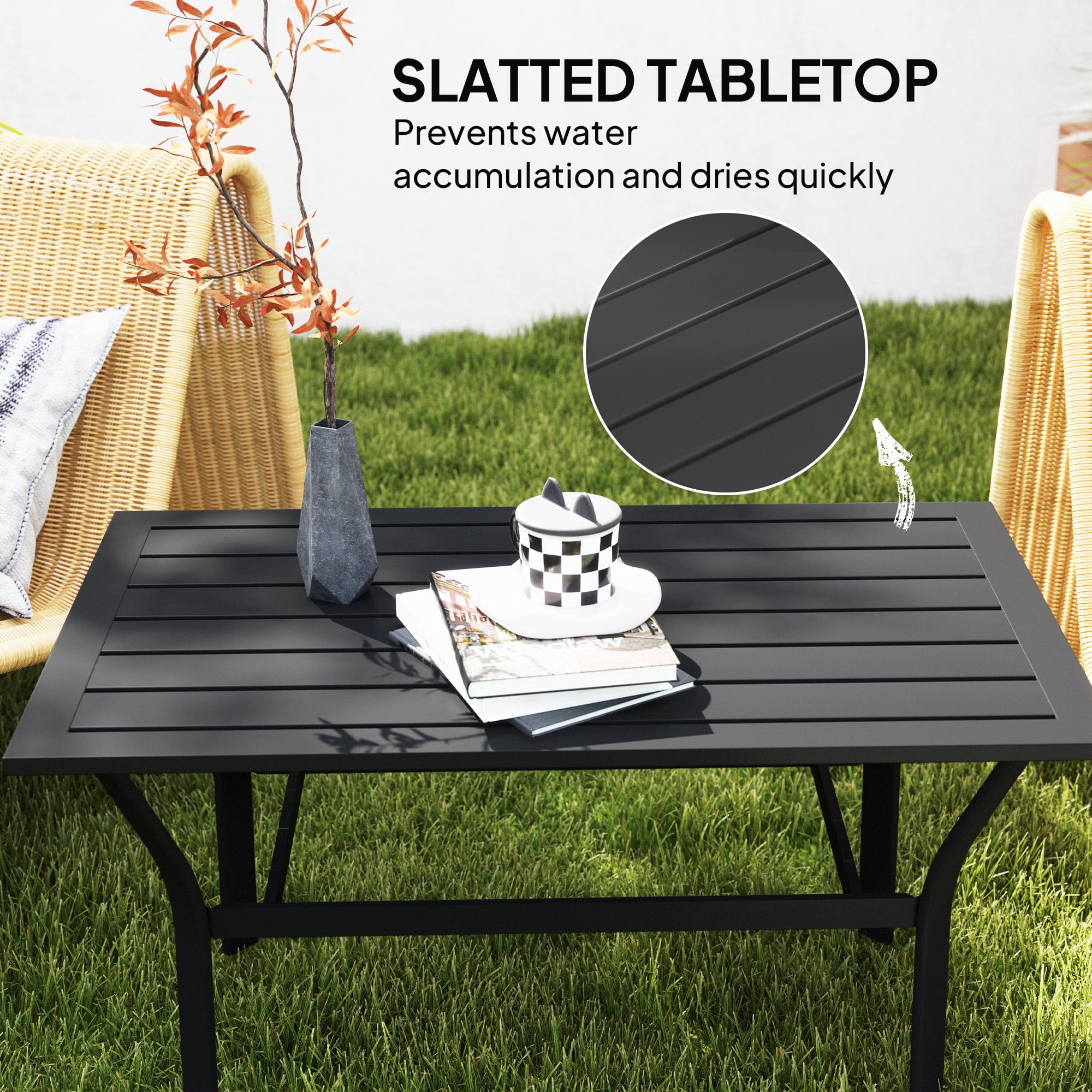 Outsunny Outdoor Coffee Table, All-Weather Rectangle Patio Coffee Table with Slatted Tabletop for Outside, Patio, Black