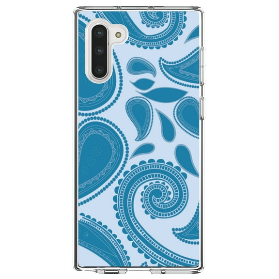 DistinctInk Clear Shockproof Hybrid Case for Samsung Galaxy Note 10 (6.3" Screen) - TPU Bumper, Acrylic Back, Tempered Glass Screen Protector - Big Blue Paisley