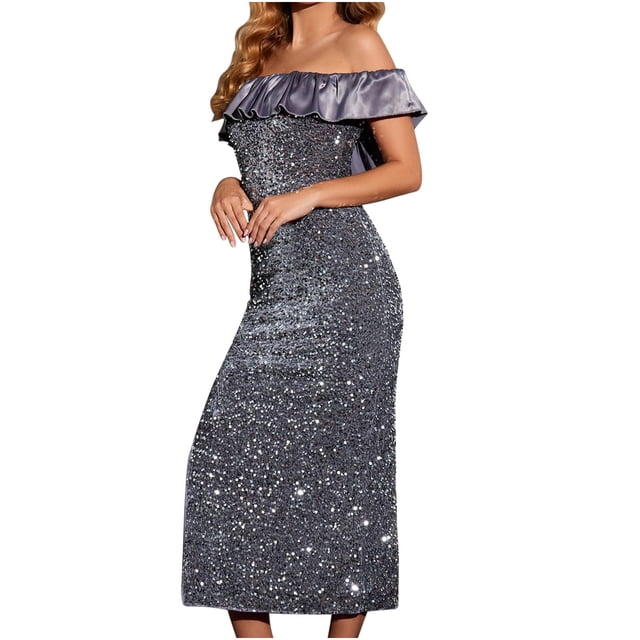 Vestido largo de fiesta elegante con abertura en la pierna y cuello de línea de lentejuelas con hombros descubiertos para mujer Pompotops ghjkhdj9423