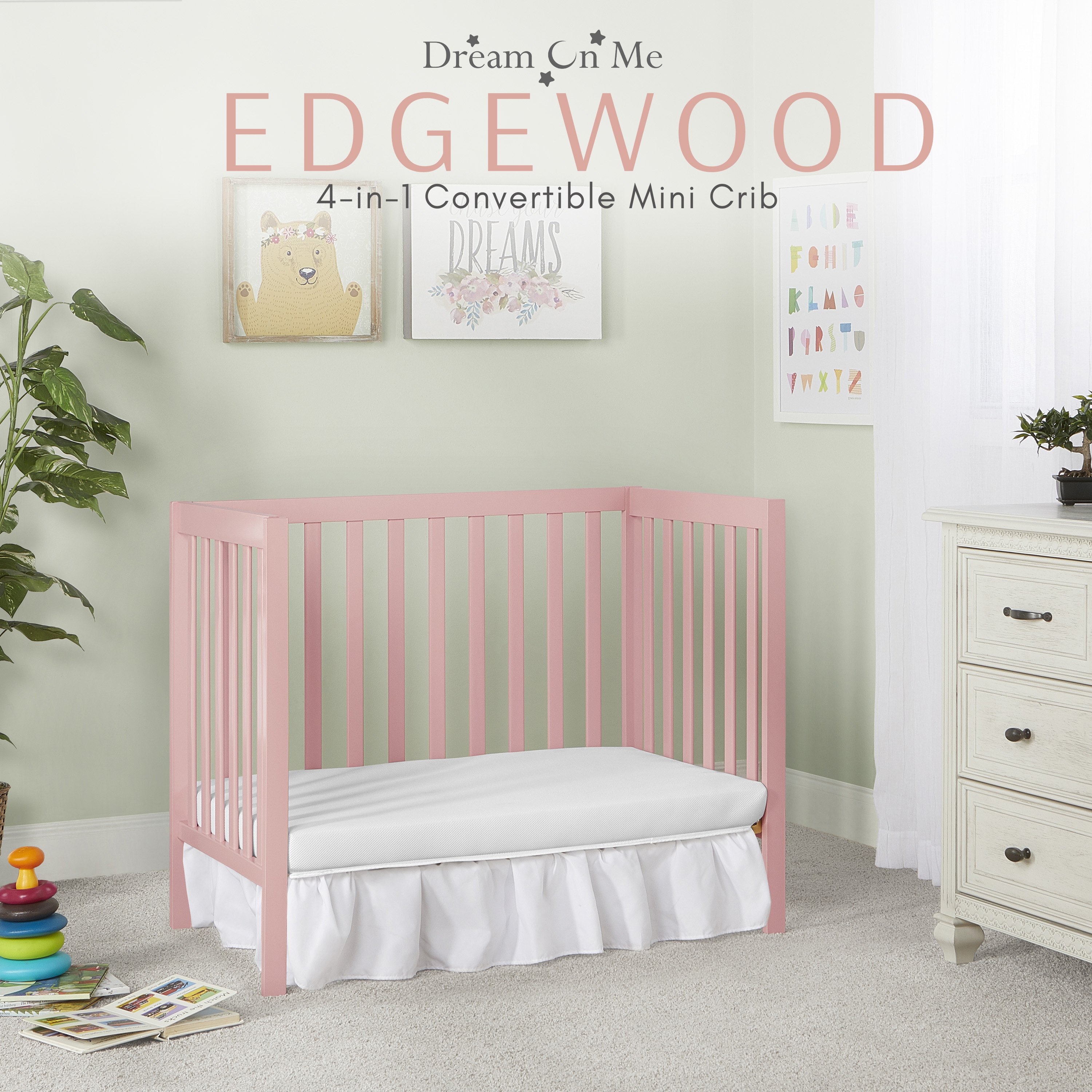 Dream On Me Edgewood 4 in 1 Convertible Mini Crib in Pink