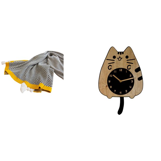Juego De Manta A Rayas Y Reloj De Pared Con Diseño De Gato Para Decoración Del Hogar, Manta Suave Y Cálida Para Dormitorio, Sofá, Cama Y Silla Con Un Bonito Adorno Colgante Silencioso.