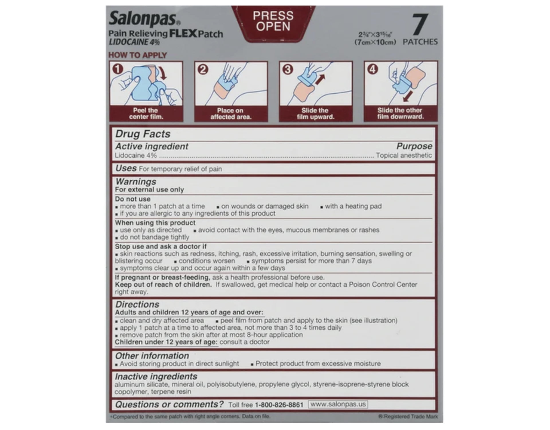 Salonpas Pain Relieving Flex Patch Lidocaine 4%, 7 Count - Pack of 5