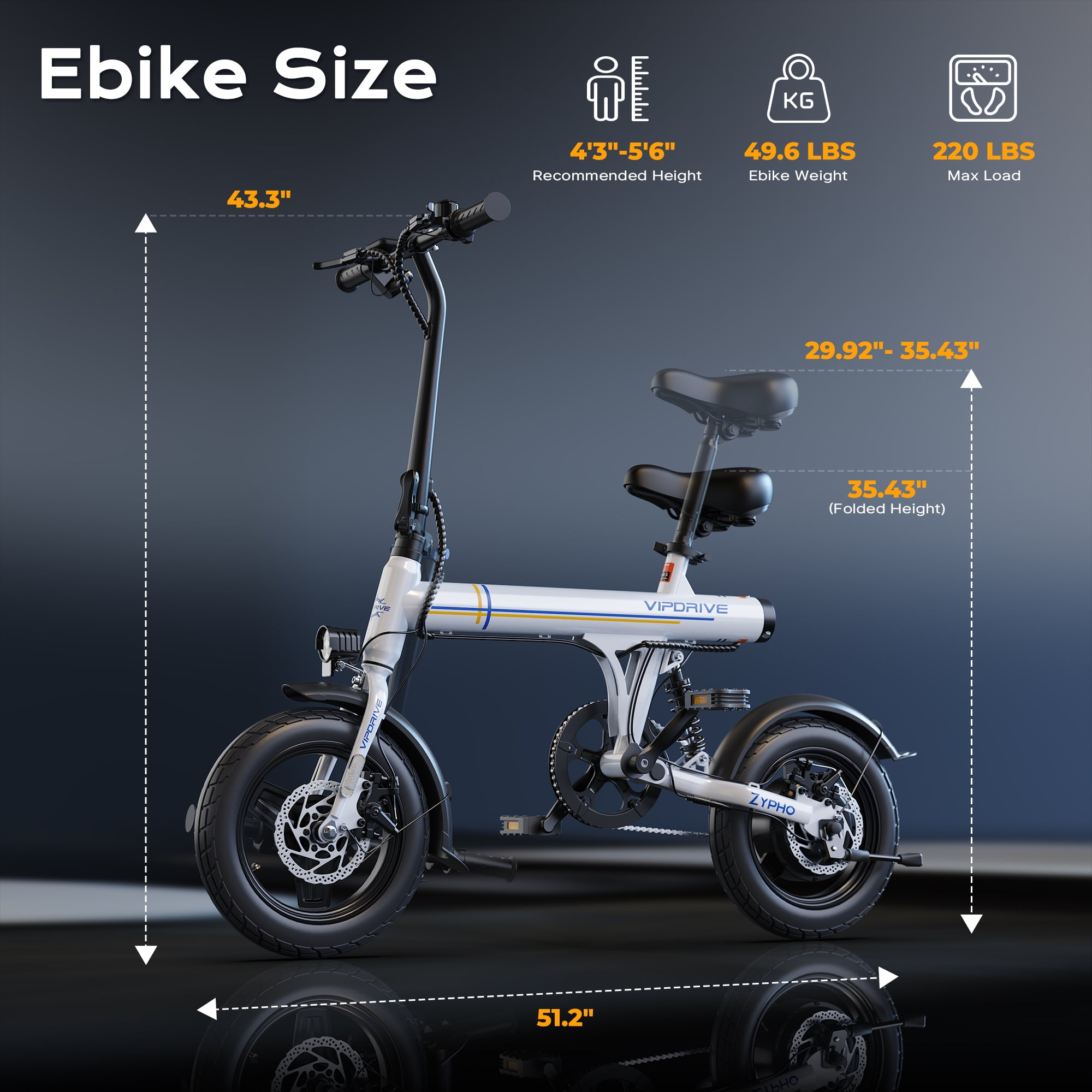 VIPDRIVE Electric Bike, 14" Folding EBike for Adults, 500W Peak Motor, 36V 7.8Ah Battery, 20MPH City Commuter E-Bike, Mini Ebike, LCD Display, UL2849