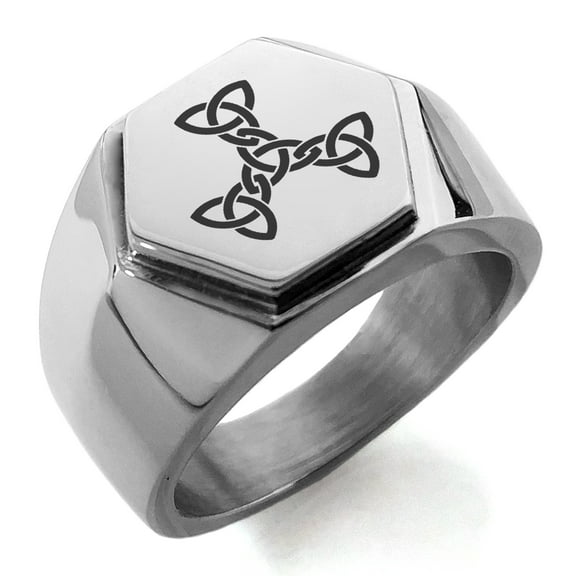 Stainless Steel Celtic Triquetra Interlaced Knot Engraved Hexagon Crest Flat Top Biker Style Polished Ring