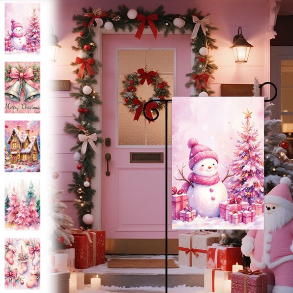 Japceit Pink Christmas Garden Flag, Snowman and Reindeer Double Sided Yard Banner, Festive Outdoor Garden Decor for Lawn, Pathway, Holiday Seasonal Display