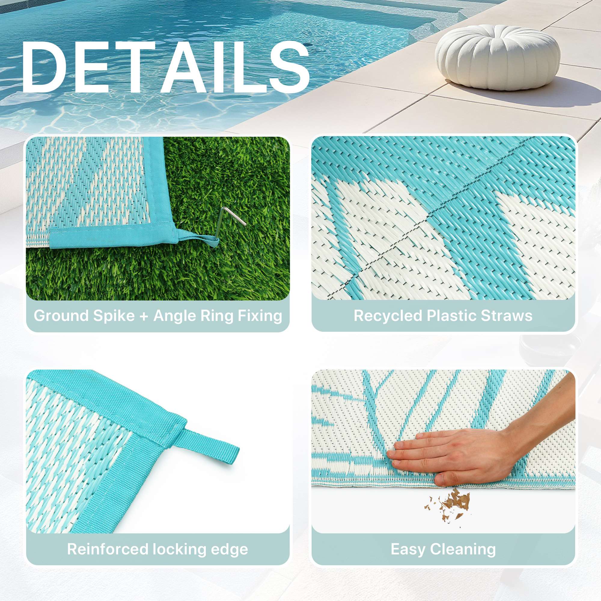 DEORAB Outdoor Rug 8'x10' Waterproof Reversible Patio Rug Portable Plastic Straw Outside Carprt for Beach Garden RV Camping Porch Deck Backyard, Aquablue & White