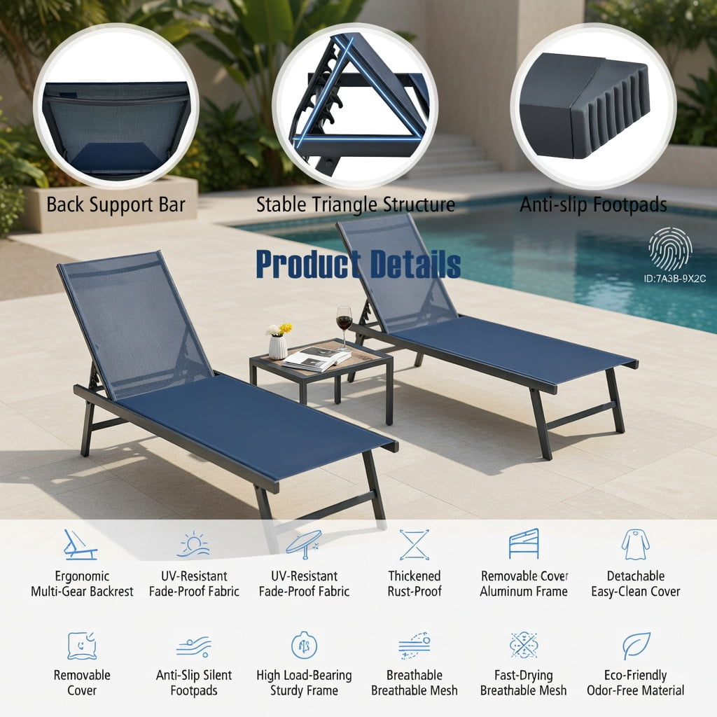 Hommoo 3-Piece Outdoor Chaise Lounge Chair Set with Adjustable Backrest and DPC Wood-Look Coffee Table for Patio, Poolside, or Backyard, Navy