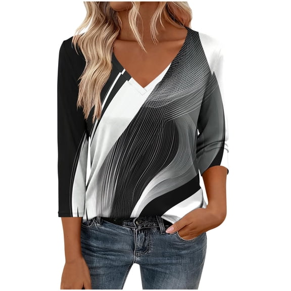 CONZONE Women's Tshirts 3/4 Sleeve T Shirts for Women Casual V Neck Graphic Lightweight Tees Soft Cozy Tops