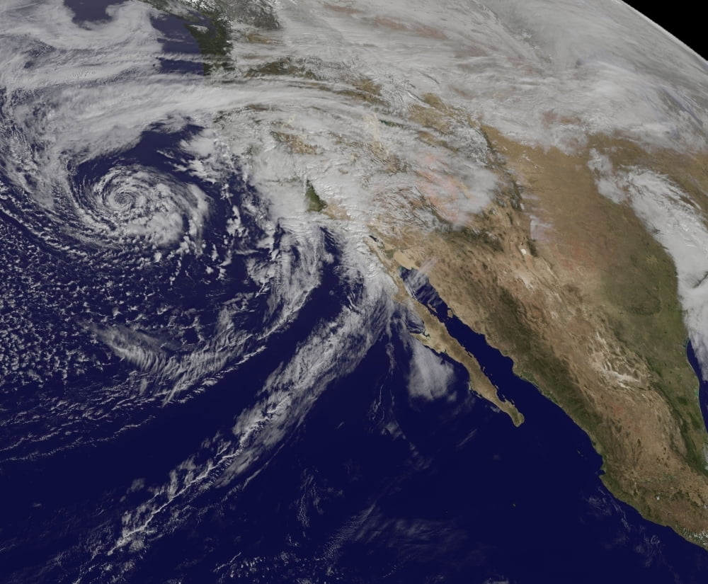 Satellite view of a swirling Eastern Pacific Ocean storm system Poster