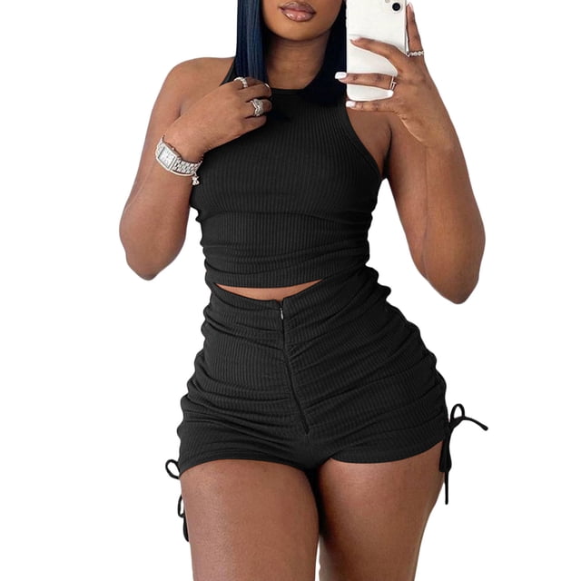 Txlixc Traje de 2 piezas para mujeres, chaleco sin mangas + pantalones cortos de cremallera de cintura alta Txlixc moda
