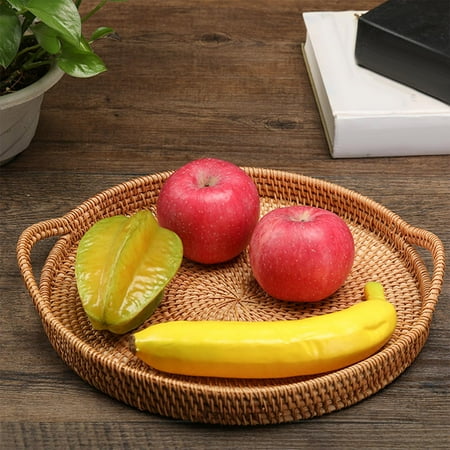 

Rattan Round Serving Tray Woven Organizer with Handle Wicker Platter Storage Tray Serving Basket for Breakfast Snacks Drinks 24cm 24cm B