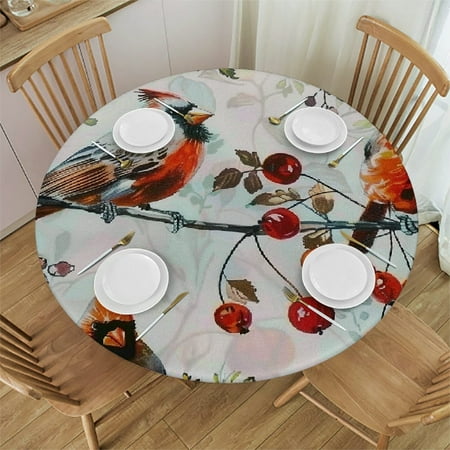

Patifu Bird Branch Berries Round Tablecloth Stain-Resistant Washable Elastic Edge for Home Kitchen Parties Holiday Dinner 54 -58