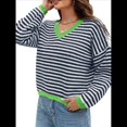 thumbnail image 1 of Suéter de Rayas de Larga para Mujer, Cuello en V, Bloque de Color, Punto Suave, Jersey de Moda Azul y S, 1 of 8