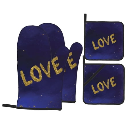 YFYANG Oven Mitts and Pot Holders Sets 4 Pieces, Non-Slip Heat Resistant Gold Love Pattern Kitchen Glove Pot Mat for Cooking and Baking