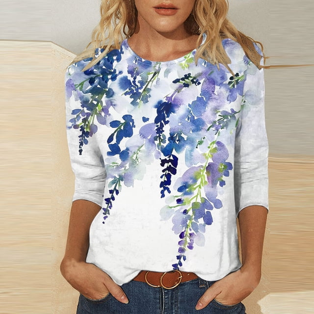 ESSSUT Hauts pour Femmes Liquidation Tendances T-Shirt Imprimé Ample Manches 3/4 Blouse Col Rond Hauts Décontractés Violet m