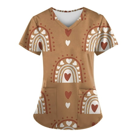 

Sksloeg Nurse Shirts For Women V-Neck Tops Cute Patterned Fashion Scrub Clothes Women Scrubs Tops Light Brown L