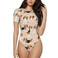 thumbnail image 1 of Saiise Pyjama à Manches Courtes pour Femmes Motif Beagle Chien sur Fond Brun, Col Rond, Justaucorps Extensible avec Fermeture à Pression-TTG, 1 of 7