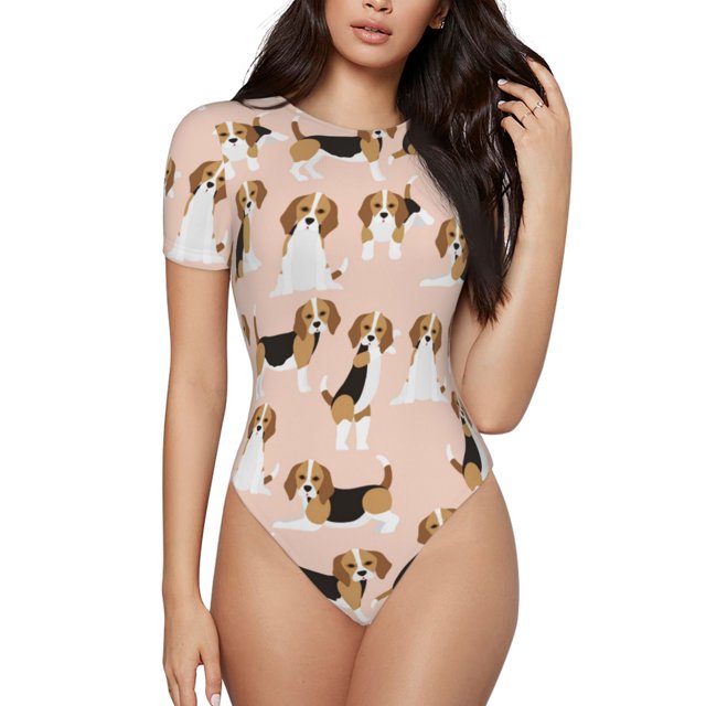 Disketp Beagle Chien sur Brun pour Femmes Justaucorps à Manches Courtes T-Shirt Col Rond Basique Décontracté T-Shirt Justaucorps-Petit