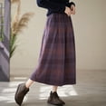 thumbnail image 5 of Women's Wool Skirt Vintage Plaid Skirt Fashion Elegant Elastic High Waist Knee-Length Pleated Midi Skirt with Pocket, 5 of 6