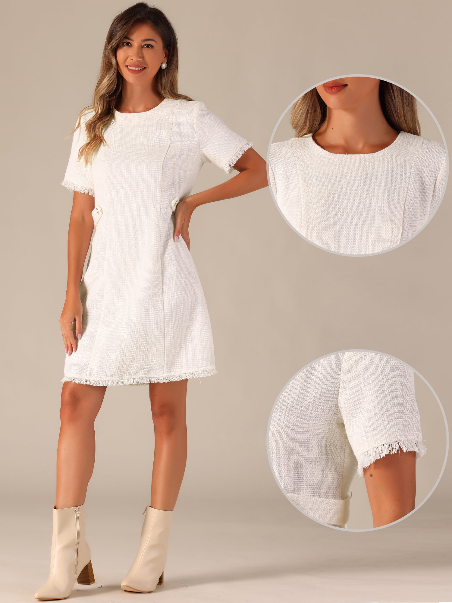 DARING DIVA Tweed Sweater Elegant Casual Knit Dress M White