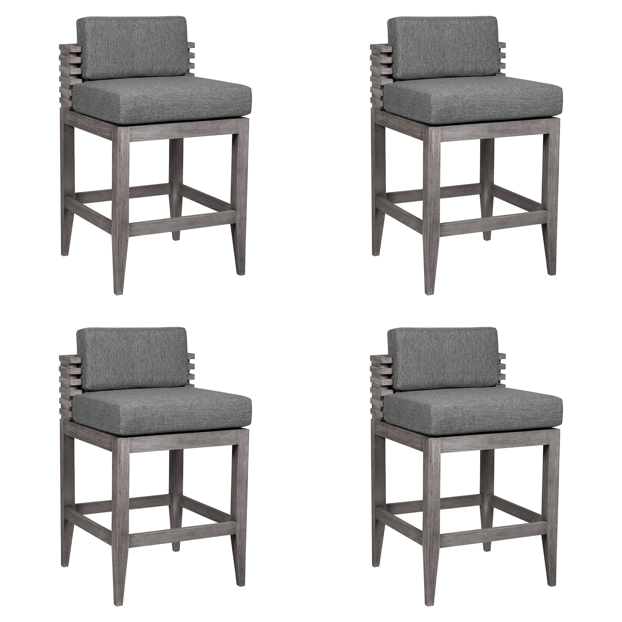 Vivid Outdoor Patio Counter Stool in Gray Eucalyptus Wood with Gray Olefin Cushions - Set of 4
