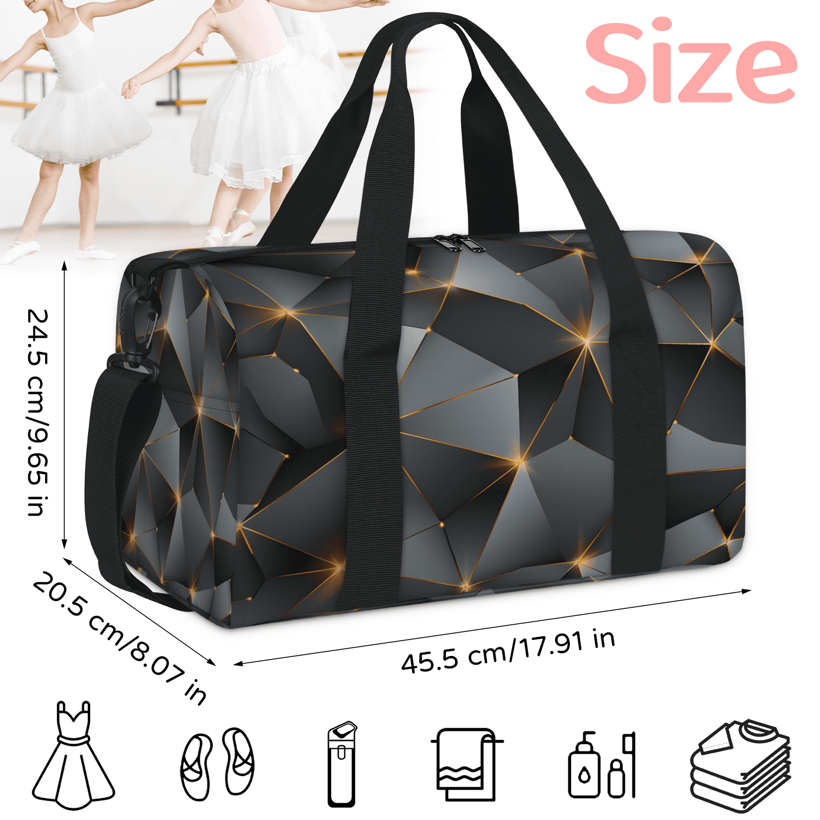 Herdesigns Black Travel Duffle Bag Sports Yoga Weekender Overnight Carry on Workout Bags Lightweight Waterproof Gym Tote Bag for Women Modern Mid Century Abstract Geometric