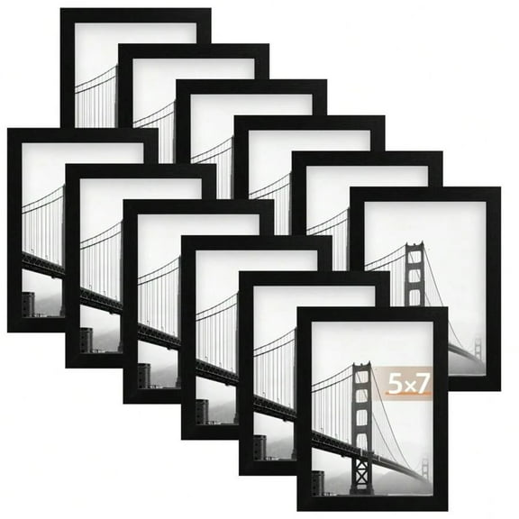 12 Pack 5x7 Picture Frame With Glass - Black Picture Frame - Wide Photo Frames Made Of Engineered Wood For Vertical Or Horizontal Wall Display - Black